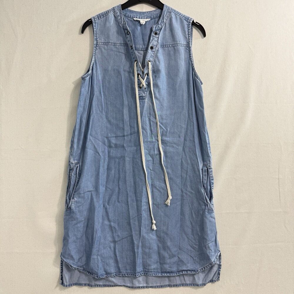 Beach lunch lounge sleeveless tie up tunic dress denim blue size small women